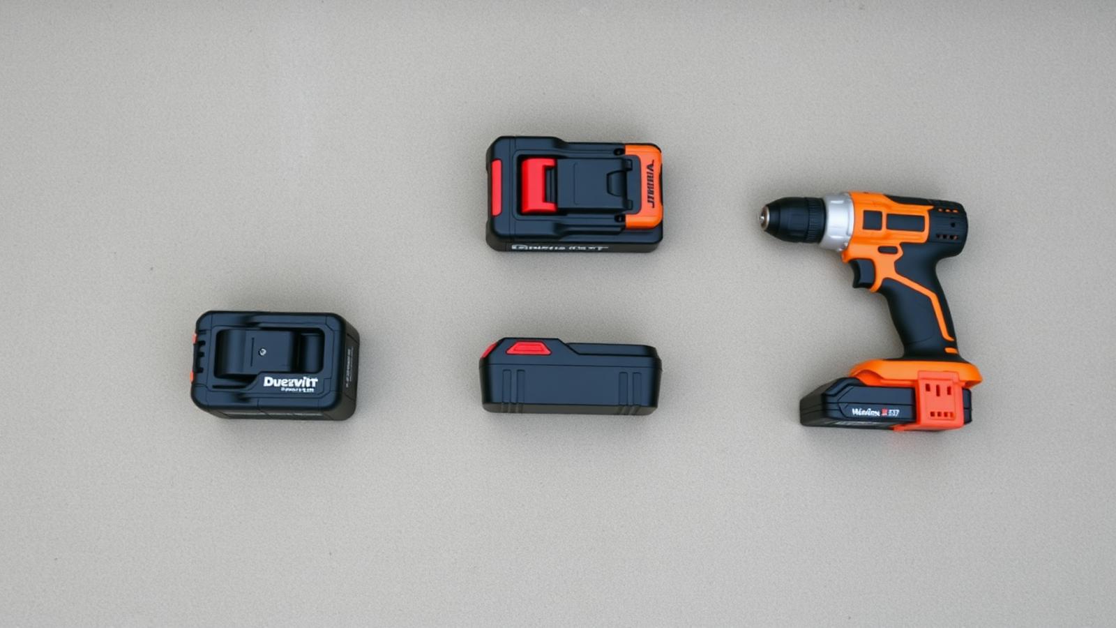 Three power tool batteries of different sizes arranged on a concrete surface