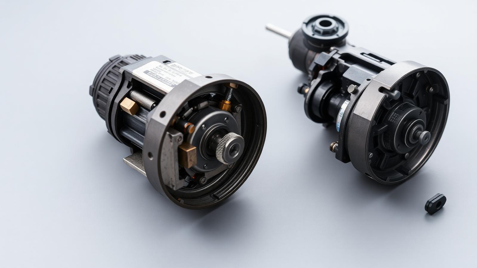 Two disassembled power tool motors placed side by side